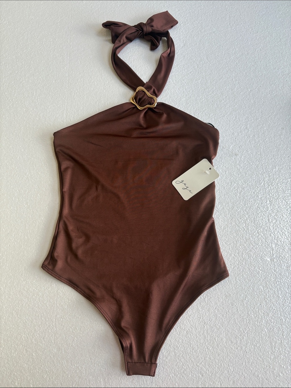NWT Ladies gaze Brown Halter Cheeky Bodysuit W/Tie Neck & Ring Detail Size M